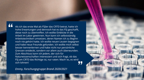Gefüllte Pipettenspitze über einer multiwell-plate und Zitat der FSJlerin Emmy