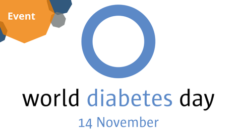 Ein Logo auf weißem Hintergrund. Ein großer, dicker blauer Kreis. Darunter der Text „Weltdiabetestag“, wobei das Wort „Diabetes“ blau hervorgehoben ist. Darunter steht in Blau „14. November“.