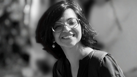 A photo. Black and white portrait of Dr. Shonali Dhingra.
