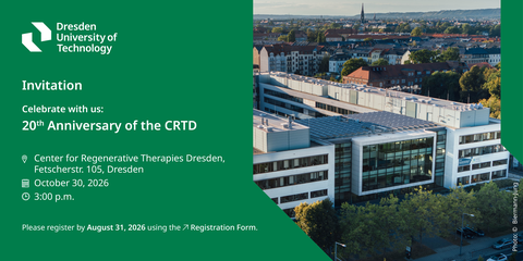 A graphical invitation. An aerial photograph of the Center for Regenerative Therapies Dresden (CRTD) building and the surrounding cityscape forms the right side of the image. The left side is covered by a solid green section with white text. At the top left is the logo for "Dresden University of Technology". Below it, an invitation reads "Celebrate with us: 20th Anniversary of the CRTD" alongside event details specifying October 30, 2026, at 3:00 p.m. at Fetscherstr. 105, Dresden, and a registration note for August 31, 2026.