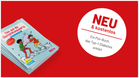 A visualization. Set against a vibrant red background, a stack of small, light-blue children's books titled "Finn und die Übernachtungsparty" sits on the left, showing an illustration of two boys having a pillow fight. To the right, a large white circular graphic contains text announcing a new product. The text inside the circle reads "NEU & kostenlos" in bold red letters at the top, followed by a thin red dividing line, and "Ein Pixi-Buch, das Typ-1-Diabetes erklärt" in black script below.
