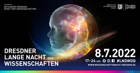A banner with a dark background on which the colorful silhouette of a head is depicted. On the banner is the title "Dresdner Lange Nacht Der Wissenschaften". The event date is indicated as "7.8.2022 17-24 Uhr".