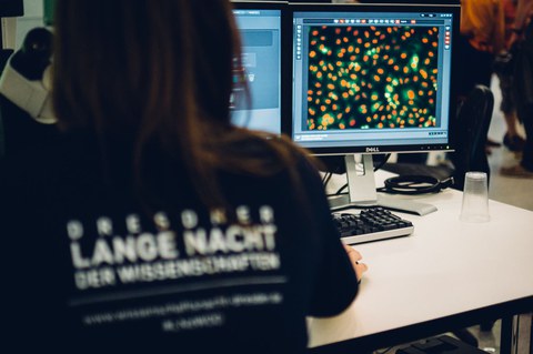 ein Foto aus einer vergangenen Langen Nacht der Wissenschaften. Eine Person zeigt fluoreszierend gefärbte Bilder auf einem Computer