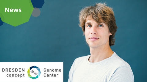 A photo with graphical elements. A portrait of Dr. Maximilian Krause. In the upper left corner, there is a graphic made of green octagons with the word "News". In the bottom left corner, there is a logo of DRESDEN-concept Genome Center on a white background.