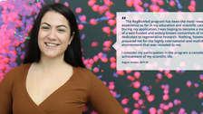 A portrait photo with text. A smiling person on a black background with clustered specks in pink, purple, and green. On the right side of the photo, there is a white rectangle with a big quotation mark and text: ”The RegBioMed program has been the most rewarding experience so far in my education and scientific career. During my application, I was hoping to become a member of a well-funded and widely-known consortium of institutes dedicated to regenerative research. Nothing, however, had prepared me for the highly international and multidisciplinary environment that was revealed to me. I consider my participation in the program a considerable achievement of my scientific life. Argyro, Greece, 2017-19.”
