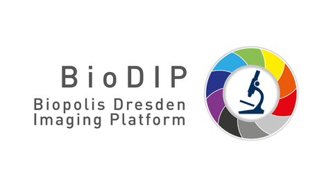 BioDIP logo. On the left it says "BioDIP Biopolis Dresden Imaging Platform." On the right is a circle in bright colors, with a microscope in the center.