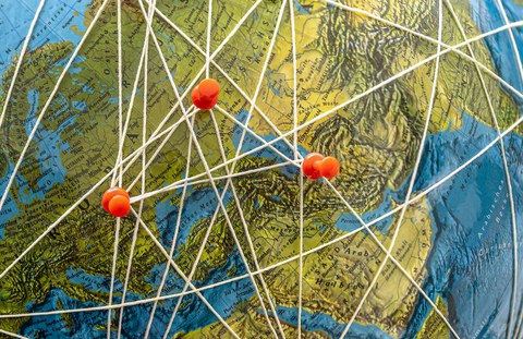 Pins and connections on a map