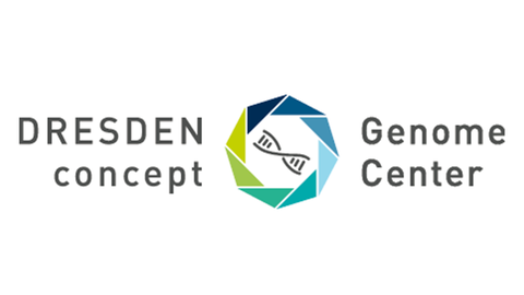 Logo. Acht unregelmäßige Dreiecksflächen sind, im Uhrzeigersinn einen Farbverlauf von dunkelblau bis hellgrün ergebend, zu einem regelmäßig achteckigen Ring angeordnet. Im Inneren befindet sich ein Symbol, das die DNA darstellt. Links vom Ring der zweizeilige Schriftzug "DRESDEN concept". Rechts vom Ring der zweizeilige Schriftzug „Genome Center“