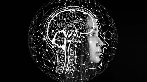 Stilisierte Darstellung einer künstlichen Intelligenz auf schwarzem Hintergrund. Im Profil ein Gesicht und ein Gehirn mit einem verzweigten Datennetzwerk