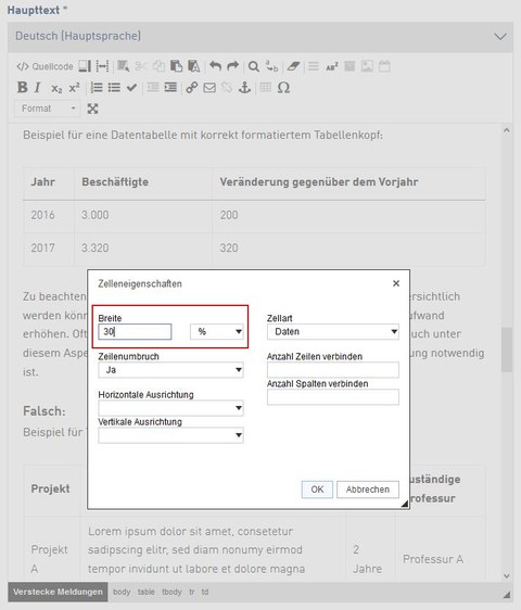 Screenshot der Bearbeitungsansicht im Editor des WebCMS zur Änderung der Spaltenbreite bei Tabellen