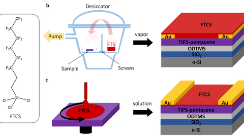 Schematic comparison of solution processed and vacuum deposited organic devices