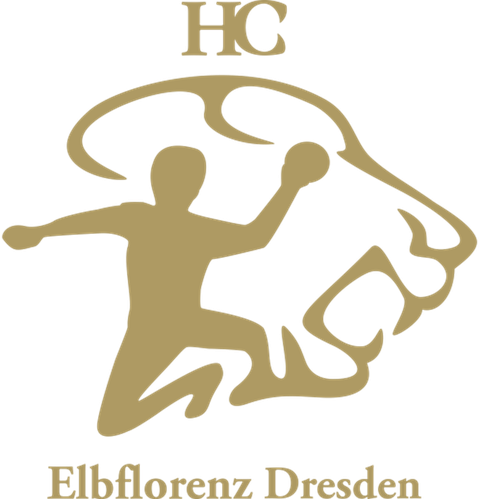 Grafik Logo des Handballclubs Elbflorenz Umriss eines Löwenkopfes mit stilisiertem Handballer darin, Bronze auf Weiß