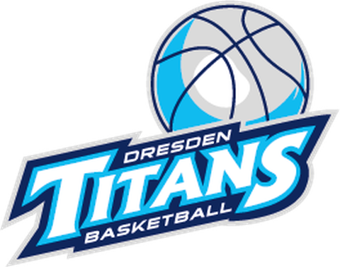 Grafik Logo der Basketballmannschaft Dresden Titans  weiße hellblau umrahmte Schrift auf dunkelblau mit grauem Basketball darüber