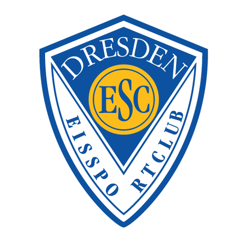 wappenförmiges Logos des Eissportclubs Dresden in Weiß-Blau mit gelbem kreis und er Mitte mit den Buchstaben ESC