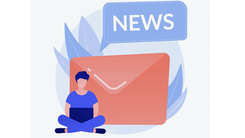 Grafik: vor einem großen roten Briefumschlag sitzt ein Mann mit Laptop, darüber der Schriftzug News