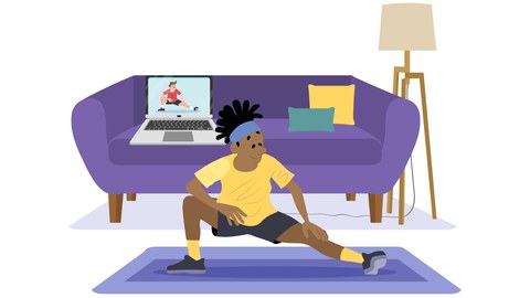 Grafik: Mann in gelbem Shirt macht Sport im Wohnzimmer mit Laptop