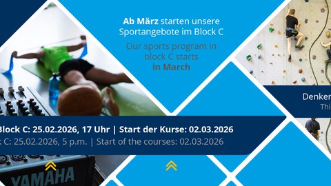 Grafik blaue Rauten mit Sportbildern und dem Text "Einschreibung Block C: 25.02.2026, 17 Uhr, Start der Kurse 02.30.2026"
