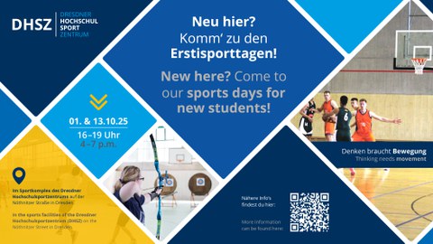 Grafik mit Rauten in Gelb, Dunkelblau und Blau mit Sportfotos und dem Text "Neu hier? KOmm zu den Erst-Sporttagen!"