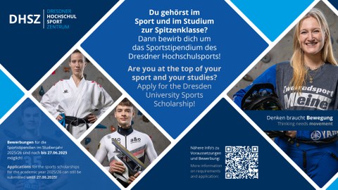 Grafik mit blauen und Bildern junger Sportler:innen, in einer blauen Raute der Text " Du gehörst im Sport und im Studium zur Spitzenklassen? Dann bewirb Dich um das Sportstipendium des Dresdner Hochschulsports!"