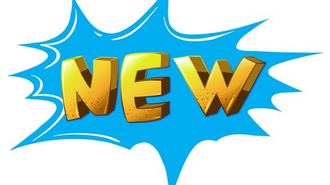 Grafik: das Wort NEW in Blockbuchstaben vor einer platzenden blauen Blase