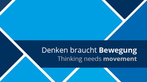 Grafik mit blauen Rauten und einem dunkelblauen Balken mit dem Schriftzug "Denken braucht Bewegung"