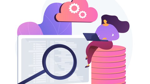 Zeichnung einer Frau, die auf einer illustration einer Datenbank sitzt, an einem Laptop arbeitend. Daneben ein Laptopbildschirm mit einem großen Lupensymbol. Über diesem schwebt eine Wolke, welche eine Datencloud symbolisieren soll.  