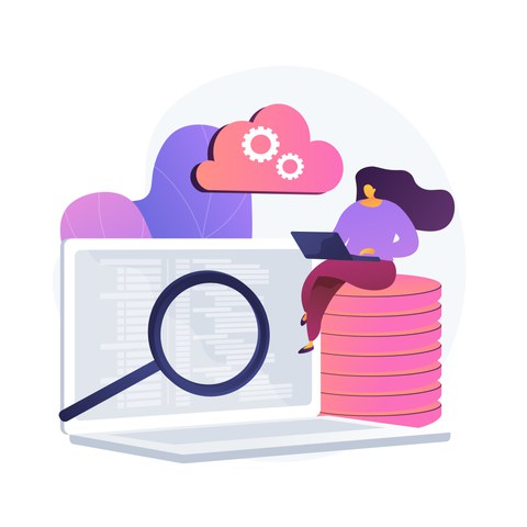 Drawing of a woman sitting on a database illustration, working on a laptop. Next to it is a laptop screen with a large magnifying glass icon. Above this hovers a cloud, which is supposed to symbolize a data cloud.  