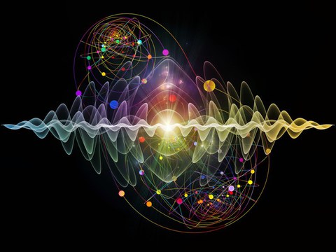  Grafische Darstellung bunter Wellen, Kreise und Linien auf schwarzem Hintergrund, die miteinander vernetzt sind. 