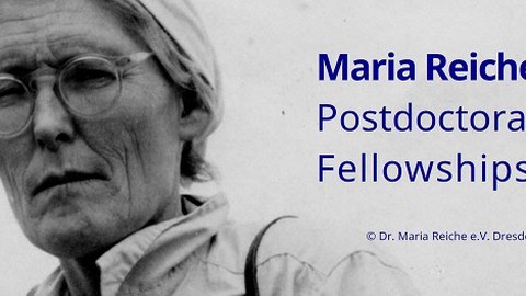 Black-and-white photograph by Maria Reiche with the inscription “Maria Reiche Postdoctoral Fellowships”
