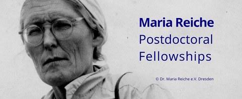 Black-and-white photograph by Maria Reiche with the inscription “Maria Reiche Postdoctoral Fellowships”