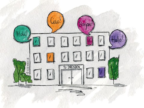 Ein Haus, auf dem "TU Dresden" steht. Aus dem Haus kommen Sprechblasen, in denen in verschiedenen Sprachen das Wort für "Hallo" steht.