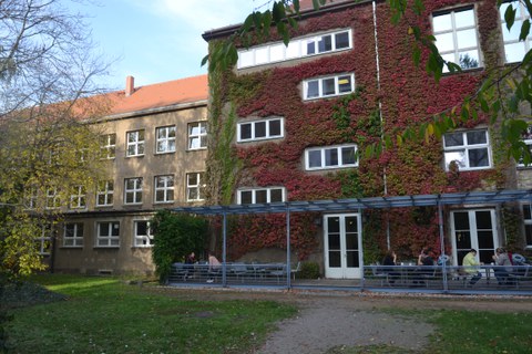 Die mit Wein überwachsene Rückseite des Weberbaus. Menschen trinken Kaffee auf der Terasse des Café Blau.