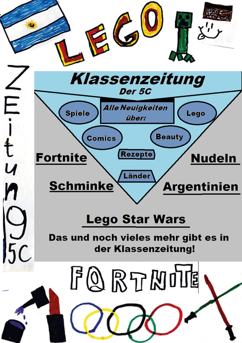 Titelseite der Klassenzeitung OSI5C mit Hand- und Computerillustration