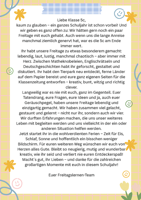 Brief der Studierenden an die Schüler:innen der 5c zum Abschluss des gemeinsamen Schuljahres.