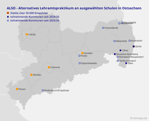 Map of Saxony showing the locations for the alternative teaching internship ALSO since 2024