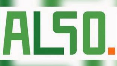 Schriftlogo aus grünen Großbuchstaben ALSO mit grünem Quadrat als Punkt am Ende auf weißem Grund