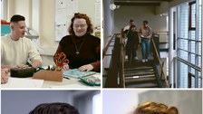Collage aus einer Sachsenkarte, Studierende im Gespräch und Personen, die ins Mikro sprechen