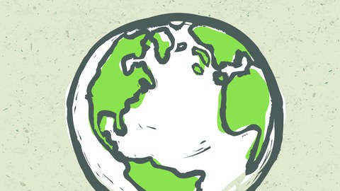 Eine Illustration mit der Überschrift "Think Green" und einer Erde mit grünen Kontinenten.