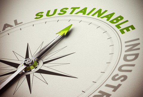 Foto eines Kompasses mit einem grünen Pfeil, der auf das in grün geschriebene Wort "Sustainable" zeigt.