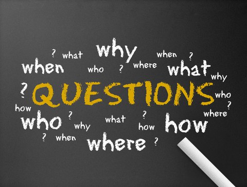 Die Darstellung zeigt eine Tafel, auf der das Wort "Questions" geschrieben steht. Drum herum stehen viele englische Fragewörter