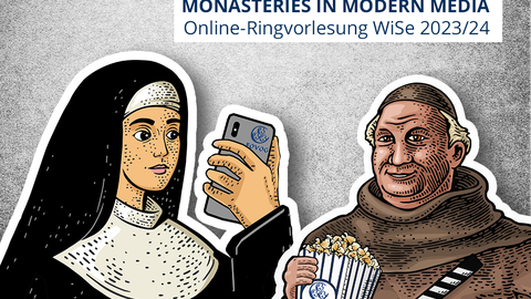 Veranstaltungsankündigung Ringvorlesung Monasteries in Modern Media Teil 2. Online-Ringvorlesung im WiSe 2023/24. Zu sehen ist eine Nonne mit einem Smartphone, auf welchem das Logo der FOVOG abgebildet ist sowie ein Mönch mit einer Tüte Popcorn und einer Synchronklappe. 