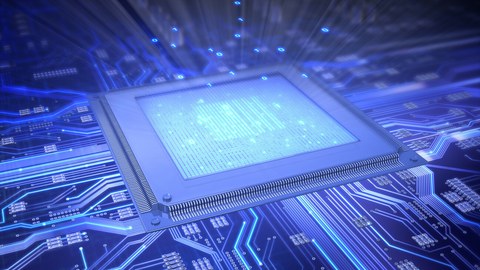 Das Bild zeigt eine 3D gerenderte Illustration einer elektronischen Schaltung mit Mikrochip oder Prozessor.