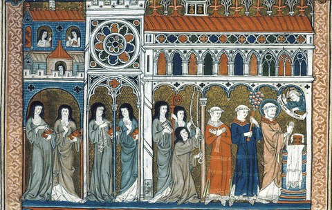 Zu sehen ist eine Kirche.  Insgesamt zehn Frauen im Nonnenhabit und drei Männer sind zu sehen. Drei Nonnen sitzen oben links in Fenstern. Vier der sieben Nonnen im Hauptraum tragen Bücher, eine einen Stab, eine läutet die Glocken. Einer der Männer hat einen Heiligenschein und die Hände zum Gebet gefaltet. Alle drei Männer tragen Tonsur. Der Mann im roten Gewand überkreuzt die Hände vor der Brust, der Mann im blauen Gewand trägt etwas, das wie ein Fächer aussieht. Der Mann im braunen Gewand mit dem Heiligenschein faltet die Hände zum Gebet.