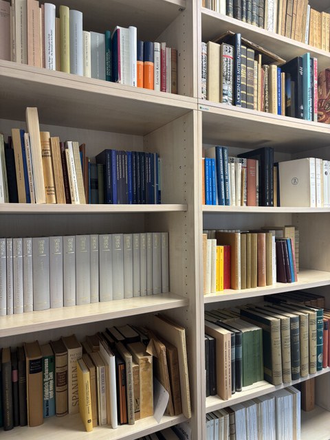 Auf dem Bild ist ein Bücherregal mit einer Auswahl von Büchern aus der Bibliothek von Odilo Engels zu sehen.