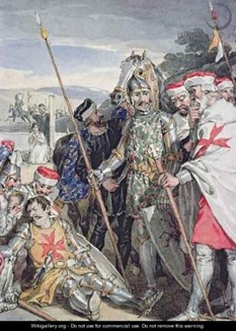 Der Tod Brian de Bois-Gilberts. Rechts der Templermeister, Illustration von John A. Atkinson, 1. H. 19. Jahrhundert.
