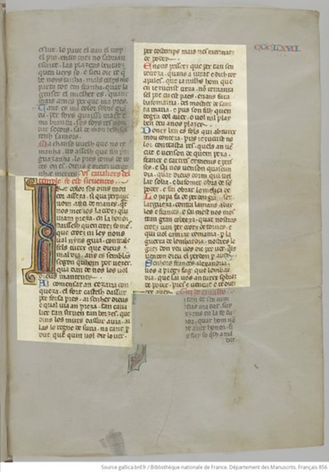 Manuskriptseite mit „Ir‘ e dolors“. das Manuskript ist mit einer bunten Initiale geschmückt. 