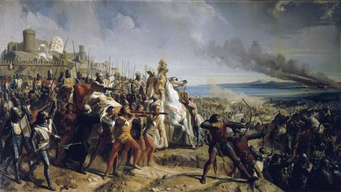 Der Beginn der Schlacht mit dem leprakranken König Baldiun IV. auf einer Trage und dem Patriarchen mit der Kreuzesreliquie rechts von ihm aus der Sicht des französischen Malers Charles-Philipp Larivière im 19. Jahrhundert. Das Gemälde weist einige historische Ungenauigkeiten auf. Die Reliquie des Heiligen Kreuzes, hier vom Patriarchen in einem kastenförmigen Reliquiar emporgehalten, war wohl eher in einem großen kreuzförmigen Behältnis (vermutlich ein Doppelkreuz) untergebracht, da sie als Palladium auch weithin sichtbar sein sollte.