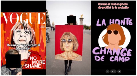 Drei Social Media Posts nebeneinander. Links: Pelicot als Aquarell auf der Vogue, davor eine zensierte Person. Mitte: eine zenrśierte Person mit einem Poster mit Pelicot darauf. Rechts: eine vereinfachte Zeichnung Pelicots. 