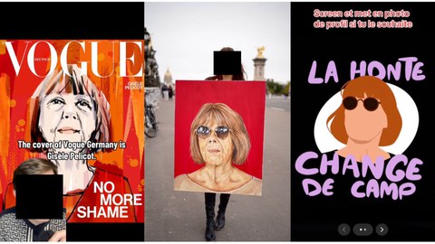3 posts next to each other. Left side: a aquarell painting of Pelicot on the title page of Vogue, behind a censored person. Middle: a censored person holding a poster with Pelicot painted on it. Right side: a simplified paining of Pelicot.