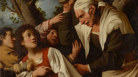 Ein Gemälde von Pietro della Vecchia zeigt eine wütende Frau, die im Begriff ist, drei Jungen mit einem Stiefel zu schlagen.